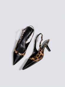 7cm Black Leopard Print Patchwork Pointed Toe High Heel Pumps, Party Dress Shoes, Mary Jane Heels, Slingback Stilettos - Black - View 1