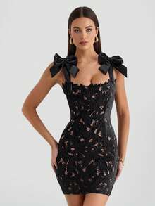 Đầm dự tiệc ngắn ren nơ đen không co giãn dễ thương, thích hợp cho tiệc tùng, hẹn hò buổi tối - màu đen - Xem 3