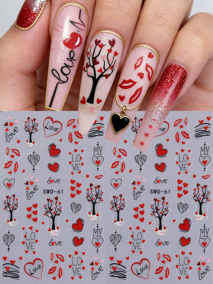 2片/套浪漫情人节美甲贴纸，心形和唇形图案，3D美甲贴花，自粘式DIY滑动美甲装饰，适合女孩和女士在情人节美甲时使用。 - 彩色 - 查看 1