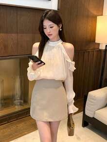 女士优雅蕾丝边露肩荷叶边设计上衣 - 杏色 - 查看 8