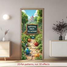2D 平面门 1 件装 欢迎返校横幅，以一块刻有“欢迎返校”字样的木牌为特色，周围环绕着鲜花、植物、卡通花盆和球形装饰品，背景是绿树、蝴蝶和远处的建筑物。 - 彩色 - 查看 5