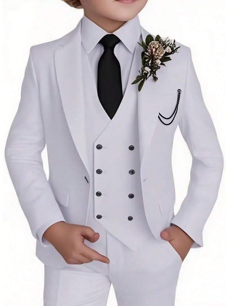 Stylish Boys 4 Piece Slim Fit One Button Formal Suit Set With Tie For Wedding Prom Party - White - View 1