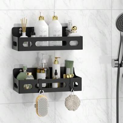 Shower Caddy Adhesive No Drill Bathroom Shower Organizers With Removable Hooks Rust Proof Shower Shelves Home Farmhouse Wall Inside Organization Self Adhesive Black Bathroom Shelves Basket