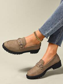 卡其色真皮乐福鞋，女士款，轻盈透气内衬，粗跟设计，金属搭扣装饰，一脚蹬，休闲学院风 - 卡其色 - 查看 7