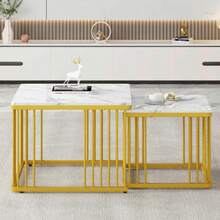 WF326269AAW Image Change)2er Set Quadratische Hochglanz-Marmoroptik-Couchtische, Ineinander Schiebbare Tische Mit Goldenen Beinen, 60*60*45cm Und 45*45*40cm, Vielseitig Einsetzbar - White - View 10