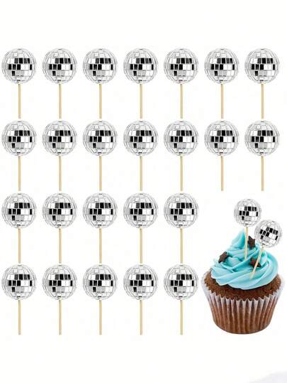 12 chiếc, phụ kiện trang trí bánh cupcake hình quả cầu disco, quả cầu gương nhỏ màu bạc phản quang, đồ trang trí bánh mini cho bữa tiệc khiêu vũ theo chủ đề disco thập niên 70.
