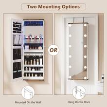 HWB Over The Door Jewelry Organizer, 12 Bulbs Hanging Jewelry Armoire With Full Length Mirror, 43.5" Lockable Large Storage Jewelry Cabinet For Girls/Women, (Wood Grain White) - 白色 - 查看 7