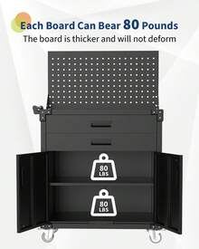 clóset de Acero Resistente con 2 cajones, Tablero de Clavijas y 4 Ruedas, Banco de Trabajo con Cerradura para Taller, almacén - Negro - Ver 7