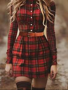 Nuevo vestido corto casual 202X Primavera estilo Occidental | Estampado a cuadros retro, manga larga, holgado - Rojo - Ver 3