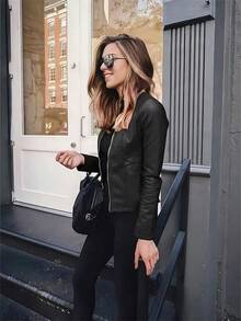 Chamarra de mezclilla y a la moda, abrigo manga larga de mezclilla con cierre delantero, ropa de mezclilla de mujer - Negro - Ver 2