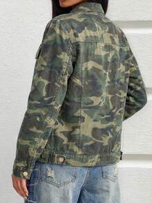 Women's Y2K Camouflage Long Sleeve Loose Denim Jacket - Army Green - View 3