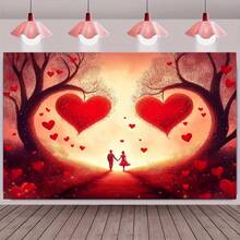 Romantic Sunset Love Path Banner Background Cloth 1 Piece! Durable Polyester + Red Heart Couple Design, 2D Flat Style No Electricity Needed, Suitable For Weddings / Anniversaries / Valentine's Day / Christmas Decorations, Convenient Indoor And Outdoor Setup, Full Of Love Atmosphere - 彩色 - 查看 1