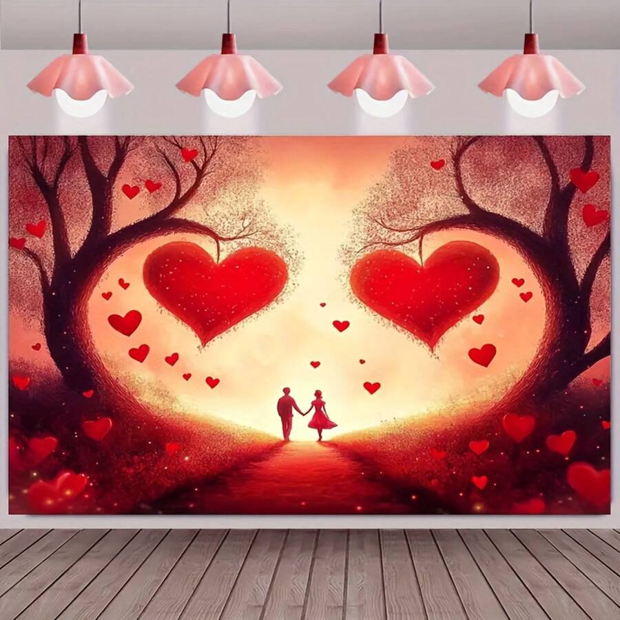 Romantic Sunset Love Path Banner Background Cloth 1 Piece! Durable Polyester + Red Heart Couple Design, 2D Flat Style No Electricity Needed, Suitable For Weddings / Anniversaries / Valentine's Day / Christmas Decorations, Convenient Indoor And Outdoor Setup, Full Of Love Atmosphere - 彩色 - 查看 1