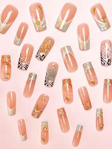 24片/套 优雅3D立体花朵、波浪、星星、月亮和珍珠图案长方形美甲贴片，色彩缤纷的美甲配件，适合女孩和女士日常、户外、派对等场合的美甲用品 - 彩色 - 查看 2