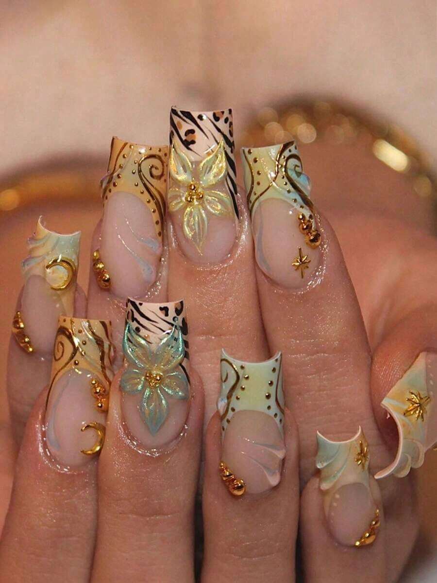 24pcs/Set Elegant 3D Floral, Wavy,, Moon & Pearl Designed Long Square Press-On Nails, Colorful Nail Art Accessories Suitable Girls & Women Daily, Outdoor, Party Occasions Nail Supplies - 多色 10 - 查看 1