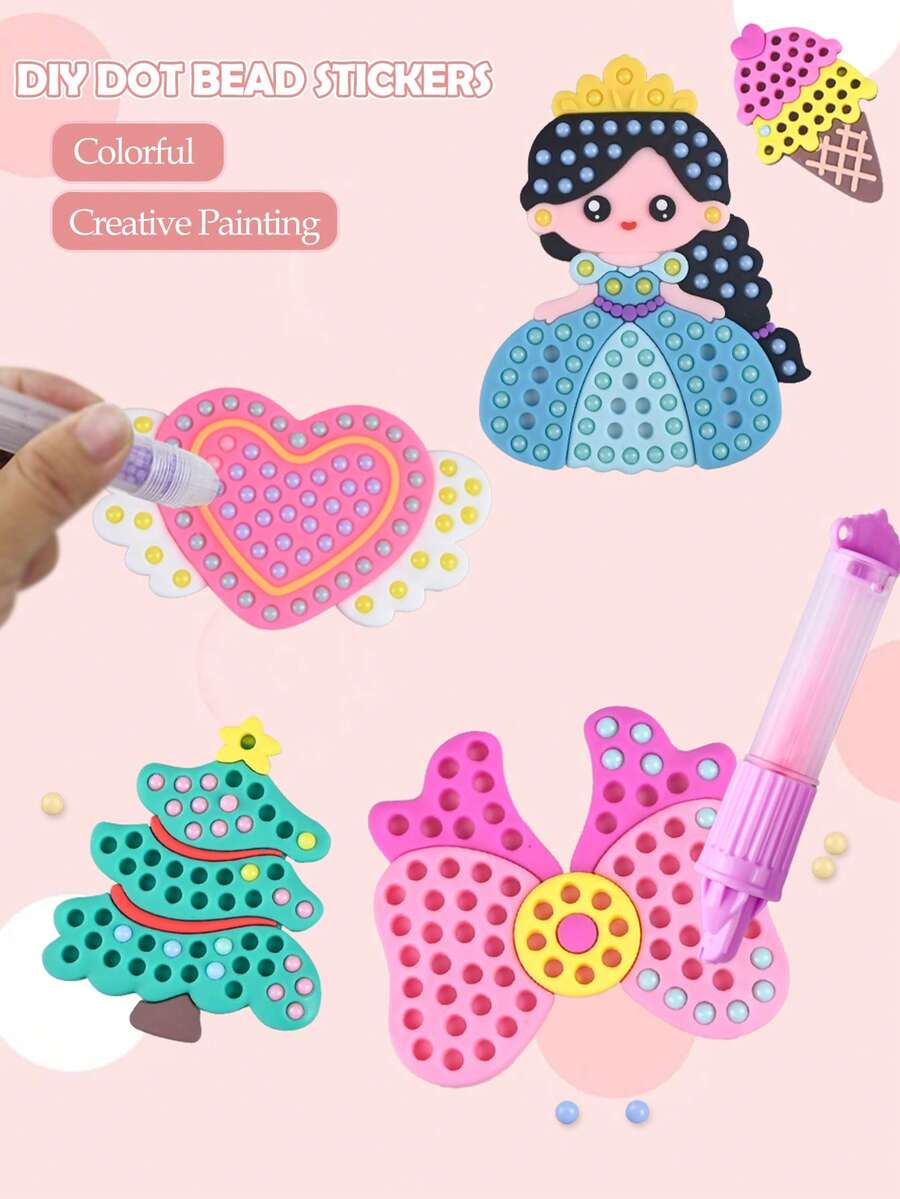 儿童DIY串珠笔手工套装，学习形状和颜色认知，创意公主串珠笔制作和贴纸艺术，女孩礼物，随机配件 - 彩色 - 查看 1