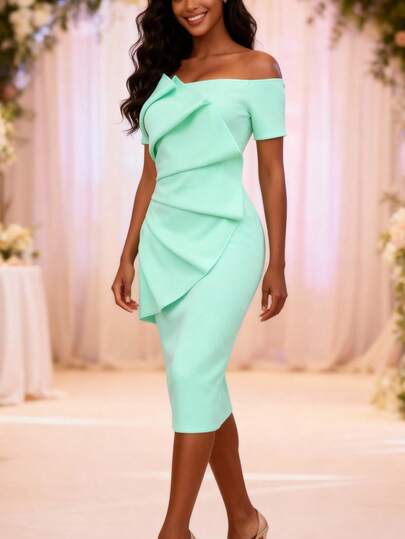 Vestido midi verde menta con hombros descubiertos para mujer AOMEI: Con detalles de volantes drapeados y diseño de falda lápiz ajustada, ideal para fiestas de cóctel formales, ropa de oficina y Nochevieja - Un vestido de noche distintivo de la colección de moda