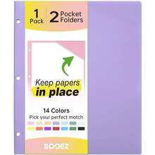 Sooez 2-Pocket Folders, Plastic Folders With Pockets 3 Hole Punched, 1 Pack Pockets Folder For 3 Ring Binder With Labels, Heavy Duty Binder Folder For Document, Letter Size File Folder,Smoky Purple - 煙紫色 - 查看 2