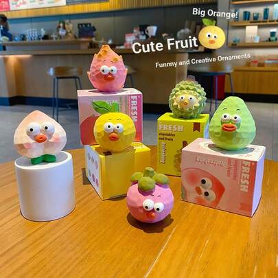 6件套 2026原创木雕水果蔬菜系列树脂摆件，创意趣味凸眼桃子和山竹家居装饰，异想天开的水果摆件木制玩具