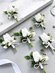 1支/6支装人造PU郁金香新郎胸花男士兄弟腕花毕业别针西装婚礼鲜花派对装饰 - 白色 - 查看 2