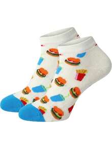 1 Pair Of Unisex Fast Food Pattern Boat Socks - White & Blue Design With Burger/Fries/Drink Prints, Comfortable Daily Socks, Ideal Gift For Food Lovers, Year-Round Fashion Leisure Socks - Multicolor - View 6