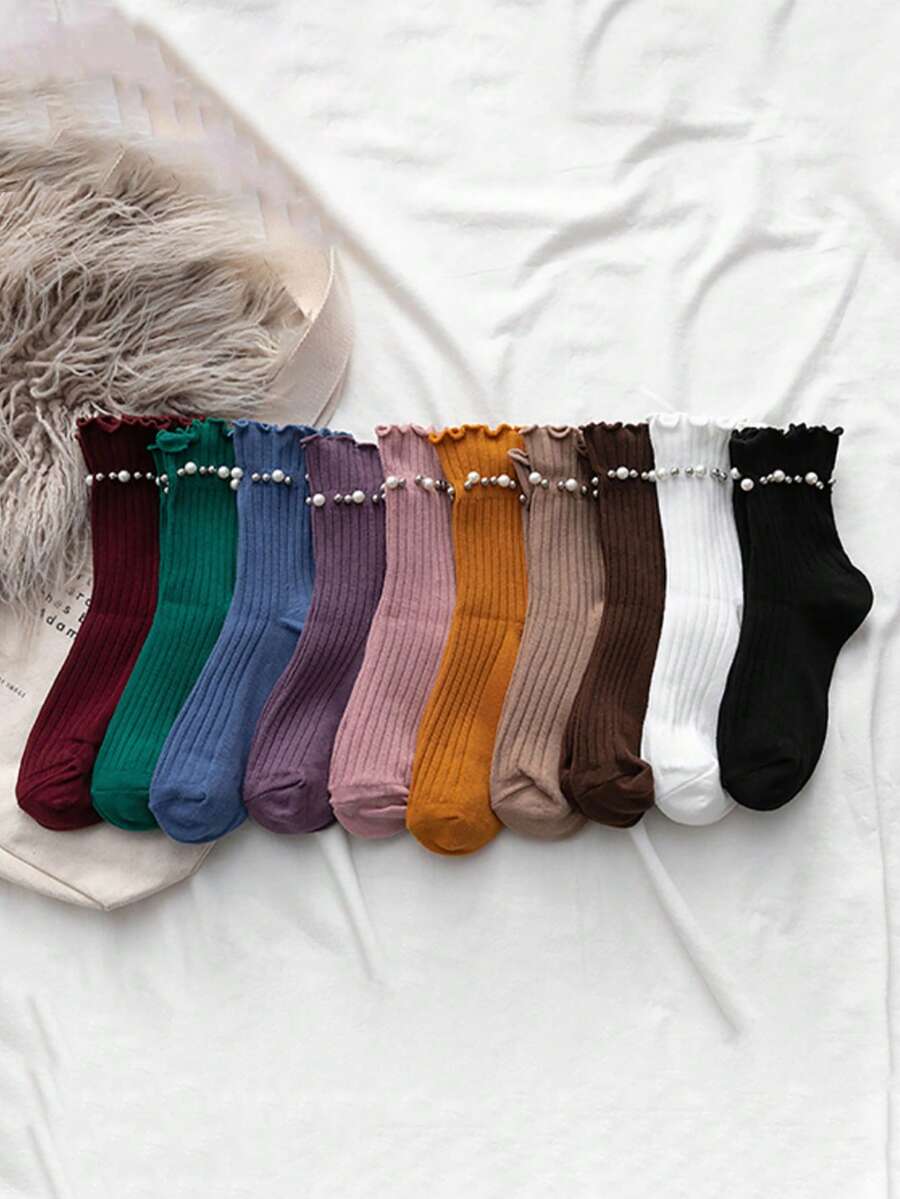 1双女士珍珠边中筒袜，时尚百搭罗纹袜，春秋季