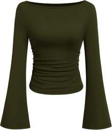 Womens Long Sleeve Shirts 2026 Spring Crop Going Out Tops Casual Boat Neck Sleeve Ribbed Ruched Y2K Clothes - 軍綠色 - 查看 10