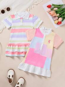 2件套女婴可爱时尚休闲短袖Polo领条纹拼接连衣裙+短袖花卉刺绣拼接连衣裙，春夏款 - 彩色 - 查看 3