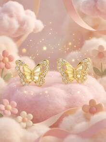 1 Pair Exquisite Sparkling Butterfly Stud Earrings, Suitable For Children, Girls, Friends, Street Parties, Vacations, Beach Holidays, Versatile Accessory, Also An Ideal Children's Birthday Gift - Gold - View 3