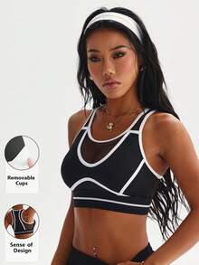 Women's Black Removable Padded Mesh Patchwork Round Neck Sports Knit Bra - Black - View 7