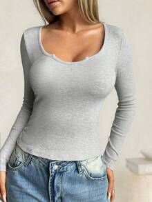 Elegant & Versatile Women Plain Crew Neck Long Sleeve Ruched Fitted Slim Fit T-Shirt,Suitable For Summer And Autumn/Winter Seasons - Xám - Xem 6