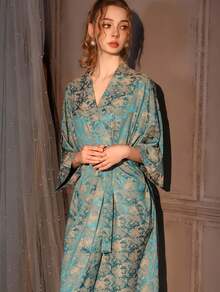 Jacquard Nightgown Women's Spring And Autumn Long Bathrobe Bath Skirt Ice Silk High-End Satin Loungewear Single Robe Can Be Worn Outside - HP15款-長袍 - 查看 4