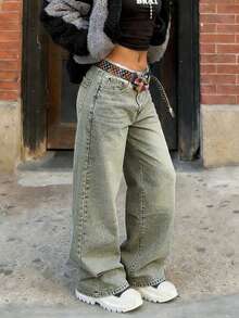 Quần jeans nữ ống rộng cạp cao phong cách retro - Quần thường ngày kiểu đường phố. - màu xanh lá - Xem 3