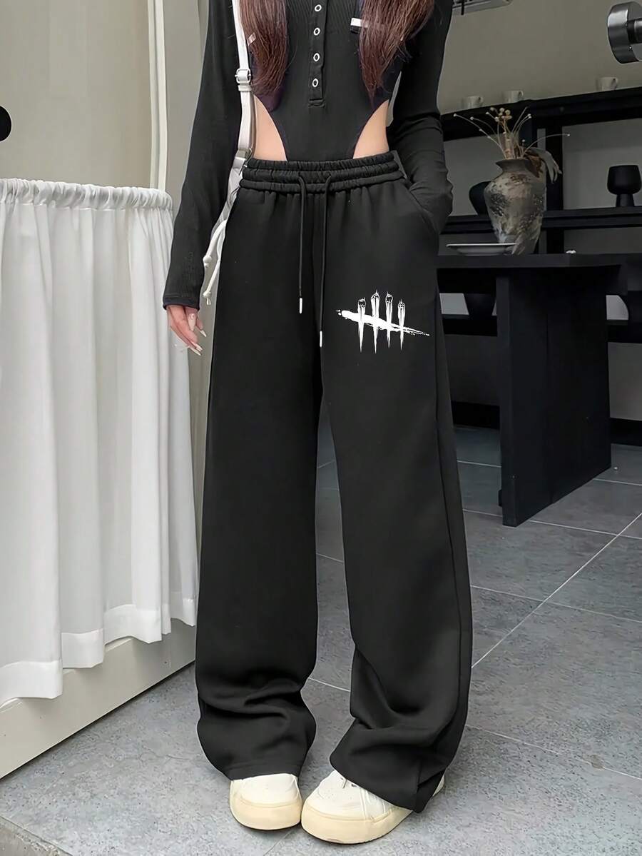Women's Casual Sweatpants, Geometric Paw Print, Knitted Fabric, Elastic Waist With Drawstring, Loose Winter Wide Leg Pants - - màu đen - Xem 1