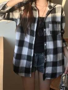 磨毛格纹衬衫，新款时尚宽松复古中长款上衣，黑色长袖外套，适合度假春季穿着 - 黑色 - 查看 3