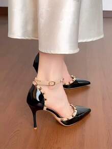 铆钉尖头黑色高跟鞋，亮面皮革时尚细高跟猫跟鞋，仙女风尖头露跟凉鞋，性感优雅高跟鞋，春秋季 - 黑色 - 查看 6