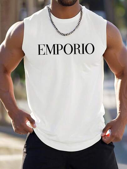 Men's Fashionable Minimalist English Graphic Casual Everyday Wear Crew Neck Tank Top
