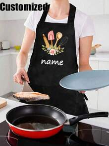 1pc Customized Printed Fashionable Apron - Unisex Sleeveless Nordic Style Kitchen Apron, Customized Black Cooking Apron, Modern Polyester Waterproof Apron, Customized Kitchen Apron, Customized Fun Cooking Kitchen Apron, Customized Cooking Utensils, Washing Gloves - Multicolor - View 6