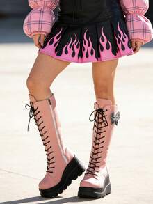Women's Lace Up Platform Punk Boots With Butterfly Side Zip Knee High Boots Round Toe Wedge Motorcycle Combat Boots Goth Tall Boots For Prom Party Cosplay Dress Shoes - 粉色 - 查看 2