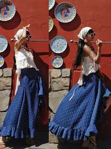 Solstice Apparel 藏蓝色波点不对称荷叶边下摆长裙，高腰侧开衩修身连衣裙，波西米亚度假风，适合日常通勤、外出和约会，春夏百搭下装 - 藍色 - 查看 9