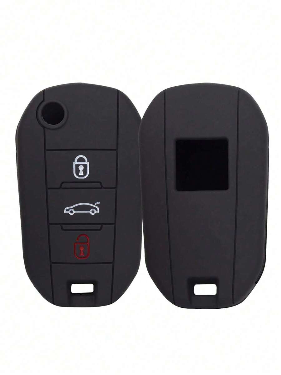 1pc Black Silicone Car Key Case, Shockproof, Suitable For Peugeot 301, 308, 408, 508, 2008, 3008, 307, 206 And Citroen Cars - A - View 1