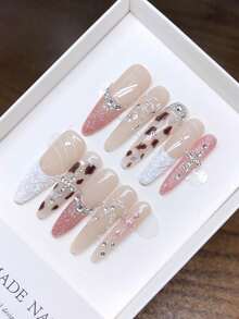 纯手工制作的长椭圆形美甲，手绘豹纹法式亮片镶嵌钻石，-品质简约设计美甲，全覆盖假指甲，Y2K风格美甲，浮雕美甲，独特小众创意假指甲，日常美甲，可爱现代风格美甲，适合秋冬季节佩戴，可拆卸佩戴，可重复使用，适合女性和女孩在派对和晚宴上佩戴。 - 彩色 - 查看 4