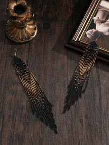 SOUL BEADING Handmade Beaded Tassel Earrings In Boho Style | Black And Gold Geometric Pattern | Vintage Jewelry Suitable For Formal Events And Daily Wear - Black - View 3