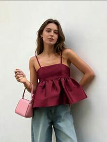 2026春夏女装可爱露背吊带荷叶边吊带背心，适合情人节、新年、节日、街头风、女士生日、女士邮轮旅行、女士休闲、女士度假、女士夏季、女士春季、女士音乐会等场合。 - 酒紅色 - 查看 5