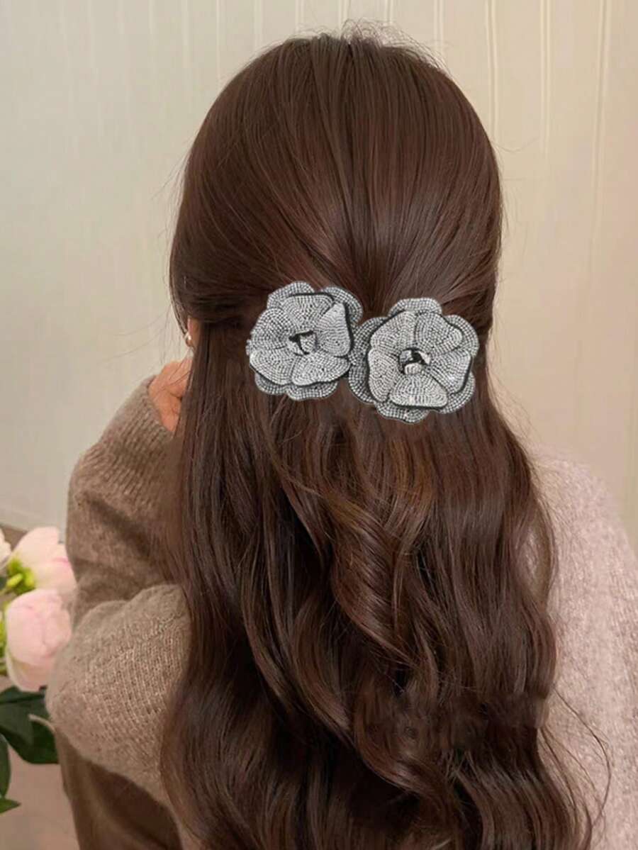 1 chiếc kẹp tóc hình hoa đính đá lấp lánh dành cho nữ, thích hợp cho kiểu tóc hàng ngày, phụ kiện đội đầu, dự tiệc, phụ kiện tóc cho nữ, kẹp tóc, ghim cài tóc. - Bạc - Xem 1