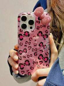 Fashion 3D Rhinestone Bow Leopard Print Phone Case, Suitable For IPhone 17/16/15/14/13/12 Pro Max/11, Stylish Shock-Resistant Back Cover - Hồng - Xem 2