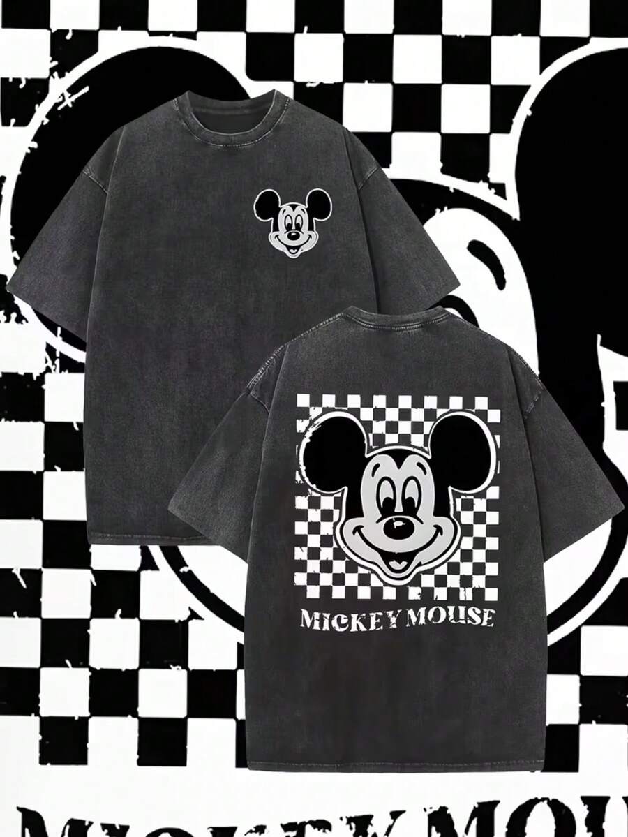 Disney Official Mickey Mouse Retro T-Shirt-250g Heavy Washed Cotton, Classic Black And White Chessboard Design, Loose Men's Shirt, Suitable For Disney Fans' Birthday Holiday Gifts (Machine Washable), Daily Wear, Retro Pattern T-Shirt, Durable Fabrics, Genuine Authorized Clothing, Casual Wear, Family Travel Gifts, Cartoon Printed Tops, High-Quality Fabrics, Essential For Leisure Lovers. - Black - View 1