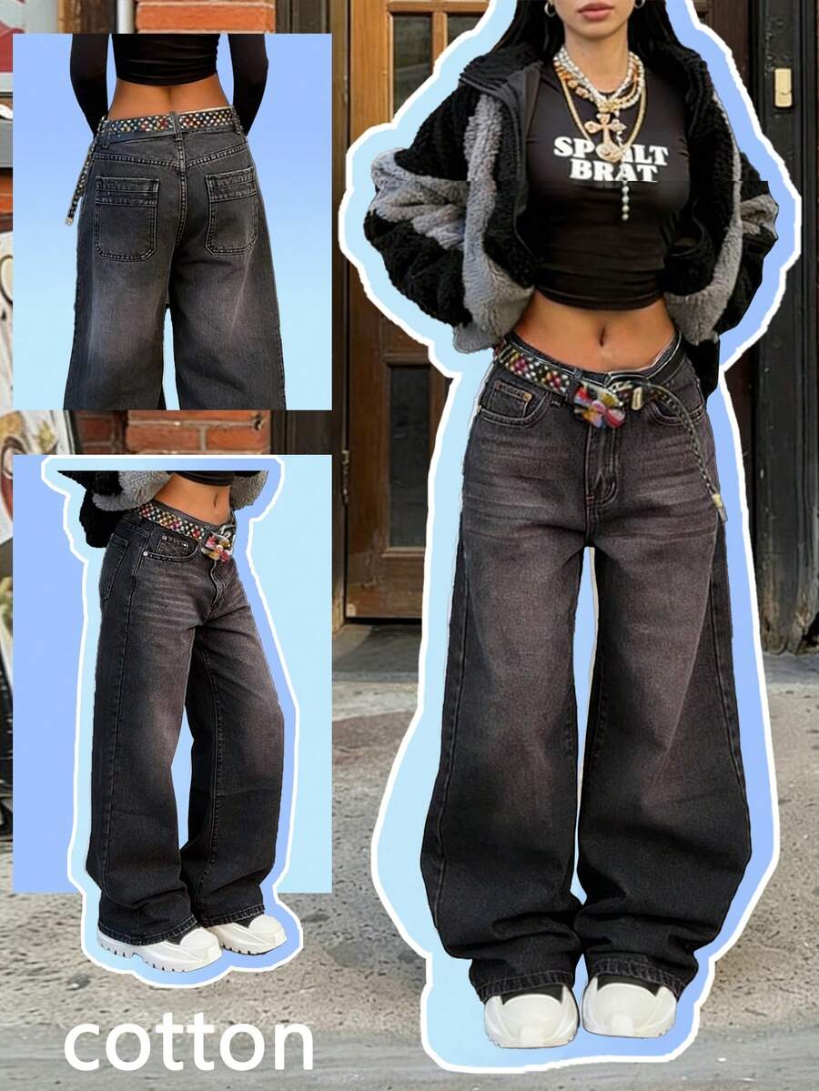 Y2K Damen Graue Verwaschen Tief Sitzende Weite Schlaghose, Vintage Straßen-Stil Lässig Jeans, Vielseitige Alltagshose - Grau - Übersicht 1
