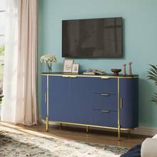 clóset Buffet con Almacenamiento, Moderno clóset de Almacenamiento Credenza Estriado de 60 Pulgadas con Parte Superior de mármol sintético, 2 Puertas correderas de Perfil Curvado y 3 cajones - Azul - Ver 7