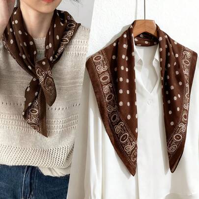 1pcs Cashew Flower Double-Sided Brown Small Scarf Silk Scarf Neck Scarf Matching Shirt Shawl Hair Band Bag Tie Cotton Linen Scarf